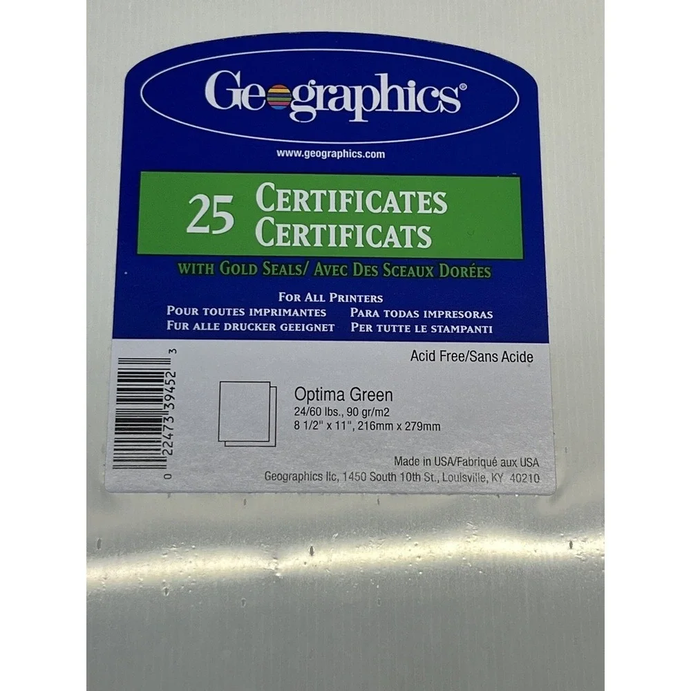 Geographics Certificates Optima Green Border Gold Seal 25 Pack Lot of 2 8.5x11